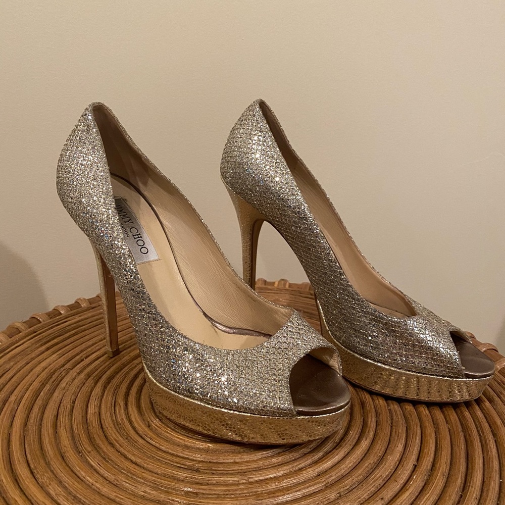 JIMMY CHOO Metallic Peep-Toe Pumps